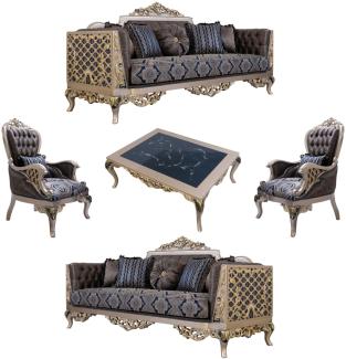 Casa Padrino Luxus Barock Wohnzimmer Set Blau / Silber / Gold - 2 Sofas & 2 Sessel & 1 Couchtisch - Prunkvolle Barock Wohnzimmer Möbel