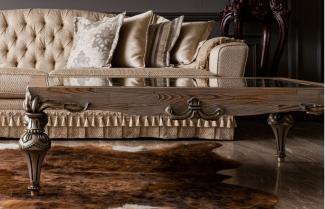 Casa Padrino Luxus Barock Couchtisch Naturfarben / Silber - Handgefertigter Massivholz Wohnzimmertisch mit Glasplatte - Barock Wohnzimmer Möbel