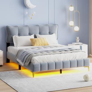 Merax Polsterbett 160 x 200 cm, Doppelbett mit LED-Leuchten Samtstoff hohe Metallfüße Grau (ohne Matratze)