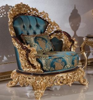 Casa Padrino Luxus Barock Sessel Blau / Beige / Braun / Gold - Prunkvoller Wohnzimmer Sessel mit elegantem Muster - Barock Wohnzimmer Möbel - Edel & Prunkvoll
