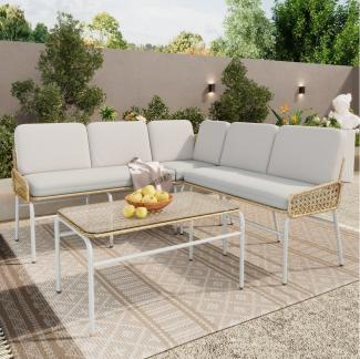 Merax Gartenlounge-Set für 5 Personen mit Stahlrahmen, (3-tlg, 1 3-Sitzer Sessel, 1 2-Sitzer Sessel, 1 Couchtisch), Balkonset Rope Lounge, Gartenmöbel Set Landhaus, Sitzgruppe