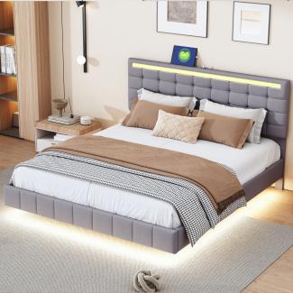 Merax Polsterbett 160 x 200 cm, gepolsterter Schwebebettrahmen mit LED-Leuchten, Doppelbett, Gästebett, Leinen, Grau