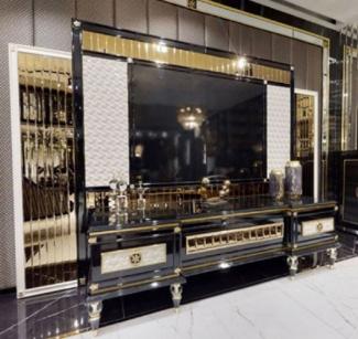 Casa Padrino Luxus Art Deco TV Schrank Rückwand Schwarz / Weiß / Gold - Verspiegelte Massivholz Rückwand - Art Deco Wohnzimmer Möbel - Luxus Wohnzimmer Möbel - Luxus Art Deco Einrichtung