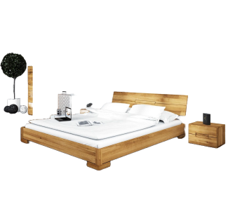 Bett Bento 5 Sonderlänge 160x190 Wildeiche massiv Holzkopfteil und Holzbeine