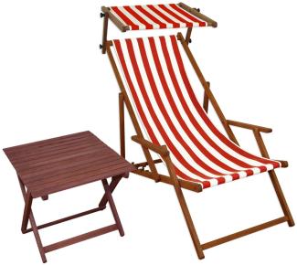 Liegestuhl rot-weiß Gartenstuhl Tisch Sonnendach Deckchair Buche Strandstuhl klappbar 10-314ST