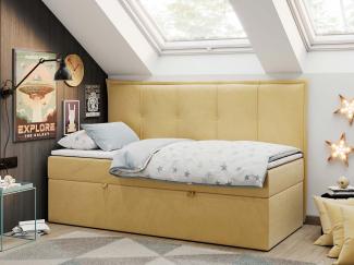 Kinderbett BANCO, Boxspringbetten für Kinderzimmer, Jugendbett, Einzelbett mit Matratze - Gelb Velours - Topper T25