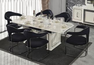 Casa Padrino Luxus Art Deco Esszimmer Set Schwarz / Weiß / Bronze - 1 Ausziehbarer Esstisch & 6 Esszimmerstühle mit Armlehnen - Esszimmer Möbel - Art Deco Möbel - Luxus Möbel