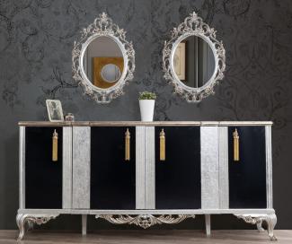 Casa Padrino Luxus Barock Möbel Set Silber / Schwarz / Gold - 1 Sideboard mit 4 Türen & 2 Spiegel - Edle Barock Möbel - Edel & Prunkvoll
