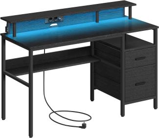 VASAGLE Schreibtisch mit Schubladen, Computertisch mit Monitorständer, LED-Beleuchtung, 55 x 135 x 90 cm, eingebaute Steckdosen, 2 USB-Anschlüsse, für Homeoffice, ebenholzschwarz LWDDE094B56