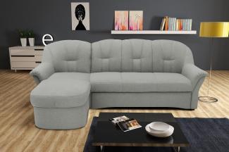 DOMO Collection Puno Ecksofa, Sofa in L-Form, Eckcouch, Sofa, Couch mit Longchair und Schlaffunktion, 142 x 233 cm, Polstermöbel in silber