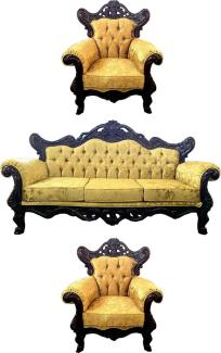 Casa Padrino Luxus Barock Wohnzimmer Set Gold mit Muster / Dunkelbraun - 1 Barock Sofa & 2 Barock Sessel - Wohnzimmer Möbel im Barockstil - Edel & Prunkvoll