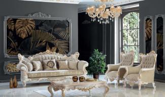 Casa Padrino Luxus Barock Wohnzimmer Set Greige / Weiß / Gold - 2 Sofas & 2 Sessel & 1 Couchtisch - Handgefertigte Wohnzimmer Möbel im Barockstil - Edel & Prunkvoll