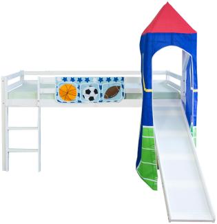 Hochbett Spielbett Kinder 90x200 cm mit Leiter & Rutsche, Turm Bettgestell, Holz Massiv, Blau Grün