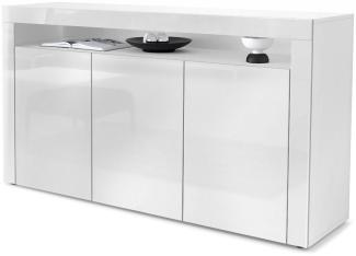 Vladon Sideboard Valencia, Kommode mit 3 Türen und 1 offenem Fach, Weiß matt/Weiß Hochglanz/Weiß Hochglanz (155 x 92 x 40 cm)