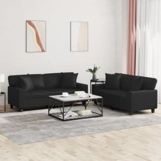 2-tlg. Sofagarnitur mit Kissen Schwarz Kunstleder (Farbe: Schwarz)