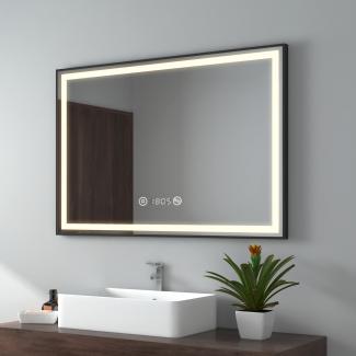 EMKE Badspiegel mit Beleuchtung 100x70cm Badspiegel Schwarzer Rand LED Badezimmerspiegel mit Touch, Antibeschlage, Uhr, Temperatur, Dimmbar, Memory-Funktion, Neutrale Beleuchtung Wandspiegel IP44