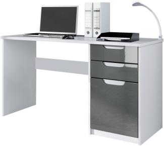 Vladon Schreibtisch Logan, Bürotisch mit 2 Schubladen und 1 Tür, Weiß matt/Grau Hochglanz (129 x 76 x 60 cm)