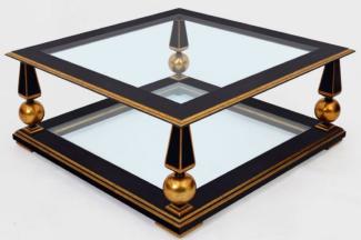 Casa Padrino Luxus Barock Couchtisch Schwarz / Antik Gold 113 x 113 x H. 47 cm - Prunkvoller Massivholz Wohnzimmertisch mit Glasplatten - Barock Wohnzimmer Möbel