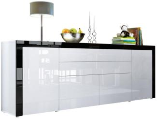 Vladon Sideboard La Paz V2, Kommode mit 2 Türen, 2 Schubkästen und 2 Klappen, Weiß Hochglanz/Weiß Hochglanz/Schwarz Hochglanz (200 x 72 x 35 cm)