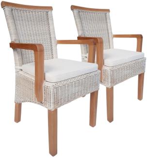 Esszimmer Stühle Set 2 Stück mit Armlehnen Rattanstühle weiß Perth Rattan Korbstühle nachhaltig mit Sitzkissen Leinen weiß