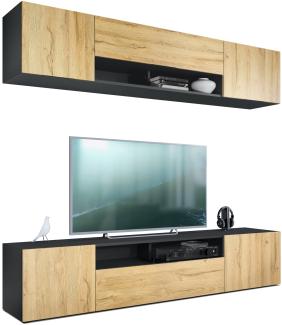 Vladon Wohnwand Mogan, Schwarz matt/Eiche Natur - Moderne Anbauwand bestehend aus 2 TV-Boards (181 x 147 x 35 cm)