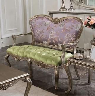 Casa Padrino Luxus Barock Sitzbank Lila / Grün / Silber 125 x 60 x H. 103 cm - Wohnzimmer Bank mit Blumenmuster - Barock Wohnzimmer Möbel - Edel & Prunkvoll