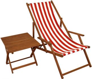 Liegestuhl rot-weiß Gartenstuhl Tisch Deckchair Buche dunkel Strandstuhl klappbar 10-314 T
