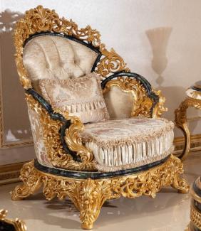 Casa Padrino Luxus Barock Sessel Gold / Mehrfarbig / Blau / Gold - Prunkvoller Wohnzimmer Sessel mit elegantem Muster - Barock Wohnzimmer Möbel - Edel & Prunkvoll