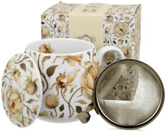 DUO FLORAL Fassbecher 430 ml ENGLISH ROSES WHITE mit Teesieb, New Bone China Porzellan