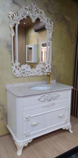 Casa Padrino Barock Badezimmer Set Weiß / Gold - 1 Waschtisch mit Marmorplatte und Keramik Waschbecken & 1 Wandspiegel - Prunkvolle Badezimmer Möbel im Barockstil