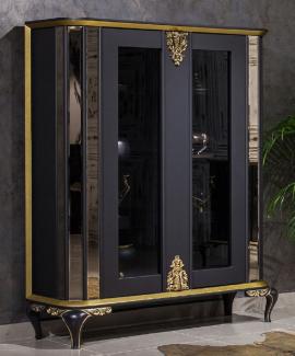 Casa Padrino Luxus Barock Vitrine Schwarz / Gold - Verspiegelter Massivholz Vitrinenschrank mit 2 Türen - Prunkvolle Barock Möbel