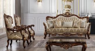 Casa Padrino Luxus Barock Wohnzimmer Set Beige / Braun / Kupferfarben - 2 Barock Sofas mit Muster & 2 Barock Sessel mit Muster & 1 Barock Couchtisch - Barock Wohnzimmer Möbel