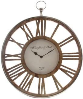 Casa Padrino Luxus Wanduhr im Design einer antiken Taschenuhr Silber / Naturfarben Ø 50 cm - Dekorative runde Uhr mit einem Ziffernblatt aus unbehandeltem Holz