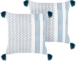Dekokissen geometrisches Muster Baumwolle weiß blau mit Quasten 45 x 45 cm 2er Set TILIA