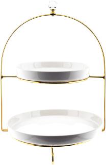 2-stöckige Etagere mit Ständer aus Edelstahl Gold und passende Teller aus Porzellan Rund