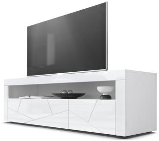 Vladon Lowboard Valencia, TV-Kommode mit 1 offenem Fach und 2 Klappen, Weiß/Weiß Hochglanz Element 3D Struktur/Weiß Hochglanz (155 x 46 x 40 cm)