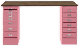 MultiDesk, 1 MultiDrawer mit 6 Schüben, 1 MultiDrawer mit 8 Schüben, Dekor Nussbaum, Farbe Pink, Maße: H 740 x B 1400 x T 600 mm