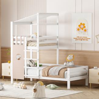 Merax Kinderbett 90x200 Etagenbett mit Dach Premium Massivholzbett mit Lattenrost Weiß