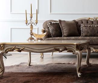 Casa Padrino Luxus Barock Couchtisch Cremefarben / Weiß / Gold - Handgefertigter Massivholz Wohnzimmertisch - Barock Wohnzimmer Möbel