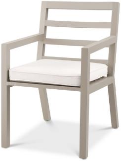 Casa Padrino Luxus Esszimmerstuhl mit Armlehnen Sandfarben / Weiß 56 x 66,5 x H. 87 cm - Wetterbeständiger Aluminium Stuhl mit Sitzkissen - Garten Terrassen Stuhl - Luxus Qualität