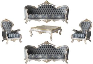 Casa Padrino Luxus Barock Wohnzimmer Set Grau / Blau / Silber / Gold - 2 Sofas & 2 Sessel & 1 Couchtisch - Prunkvolle Wohnzimmer Möbel im Barockstil