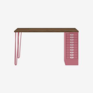 MultiDesk, 2 Stahlfüße, 1 MultiDrawer mit 10 Schüben, Dekor Nussbaum, Farbe Pink, Maße: H 740 x B 1400 x T 600 mm