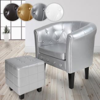 MIADOMODO® Chesterfield Sessel mit Rautenmuster inkl. Hocker, Holz/Kunstleder silber