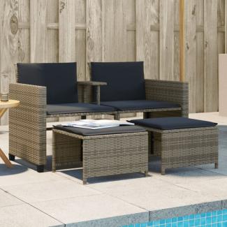 vidaXL Gartensofa 2-Sitzer mit Tisch und Hockern Grau Poly Rattan