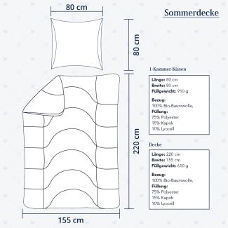 Heidelberger Bettwaren Bettdecke 155x220 cm mit Kissen 80x80 cm, Made in Germany | Sommerdecke, Schlafdecke, Steppbett mit Kapok-Füllung | atmungsaktiv, hypoallergen, vegan | Serie Kanada