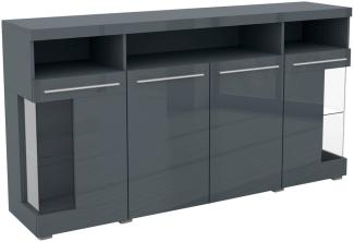 Sideboard India Kommode 182x38,5x92cm grau Hochglanz mit Glastüren