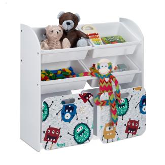 Relaxdays Kinderregal mit 6 Boxen, Monster-Design, 2 Kisten mit Rollen, HBT: 80,5x82,5x30 cm, Regal für Spielzeug, weiß, 10037512_0