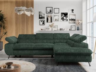 Ecksofa mit Bettfunktion, Modern Sofa, L-form, Einstellbare Kopfstützen, Bettkasten, PETER, 1x Ecksofa, 1x Topper, Grün, Cord, rechts