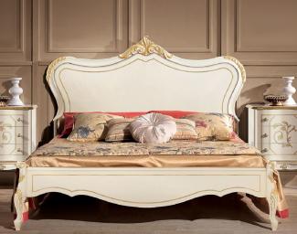 Casa Padrino Luxus Barock Doppelbett Weiß / Gold - Prunkvolles Massivholz Bett im Barockstil - Barock Schlafzimmer & Hotel Möbel - Luxus Qualität - Made in Italy
