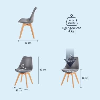 Esszimmerstühle Scandi Stil - Stuhlbeine aus Massivholz Buche - Kunststoff-Sitzschale mit Sitzpolster aus Kunstleder 6 Stühle Grau